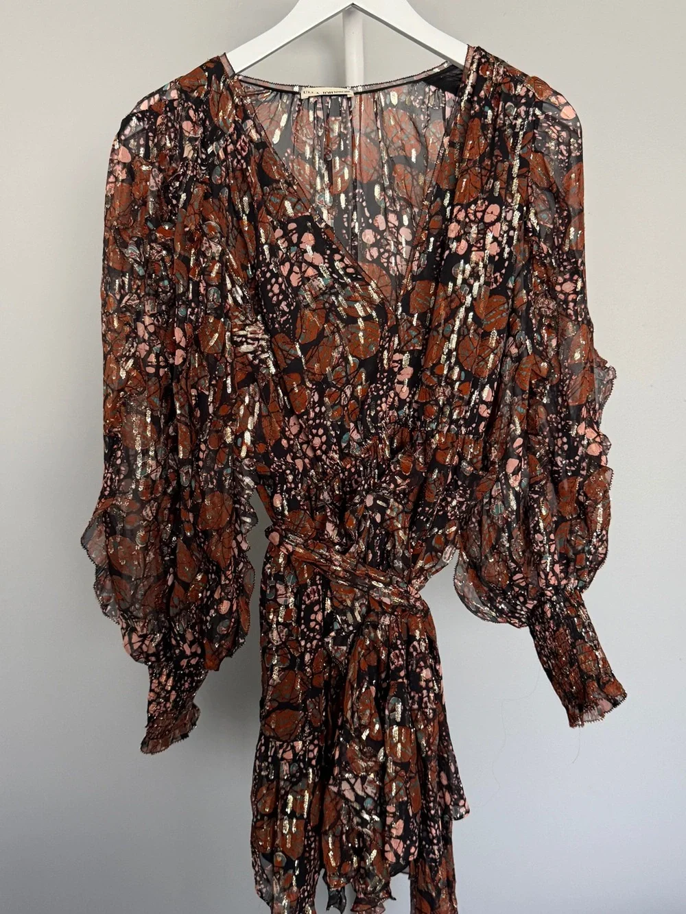 Ulla Johnson Natalia Dress Umber Metallic V Neck Long Sleeve Silk Chiffon 6